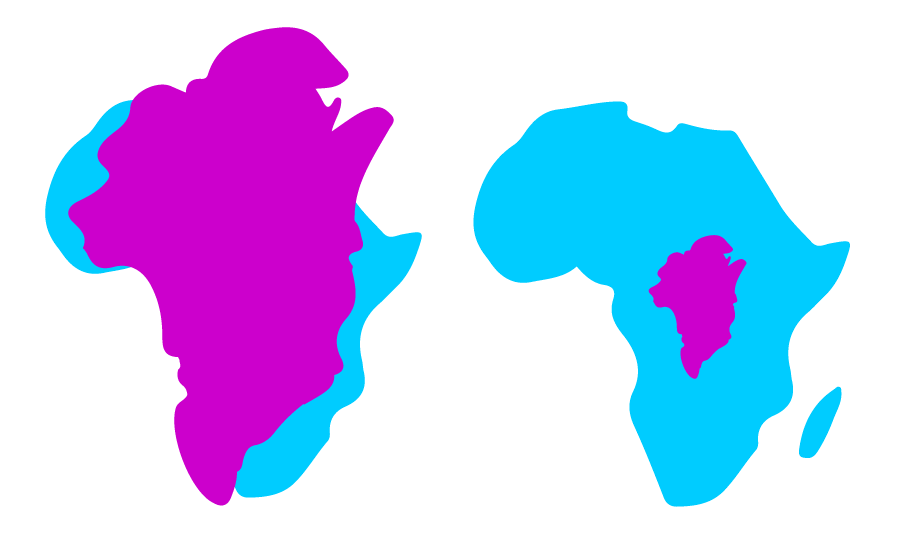 Links: Mercator-Projektion Rechts: Flächentreue Abbildung